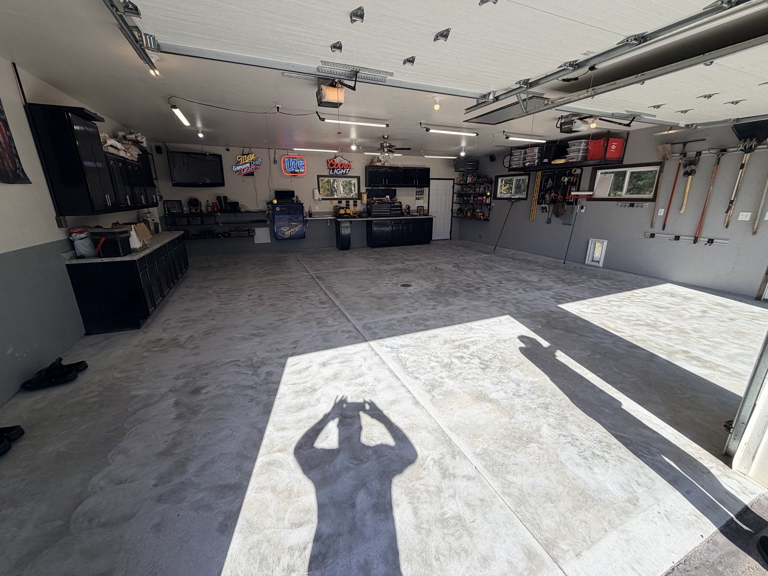 Blue flake application on this garage floor project